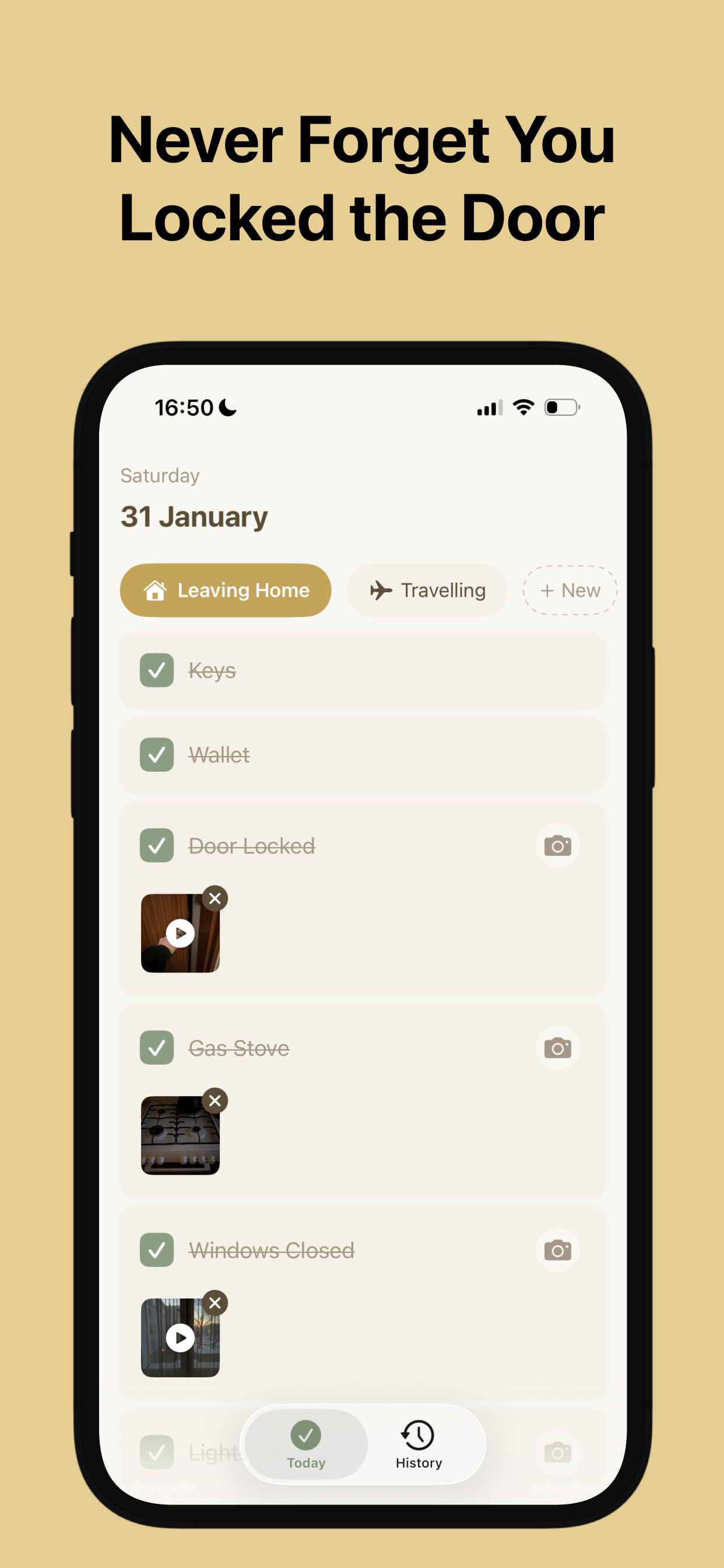 Leaving Home Checklist - Main Screen